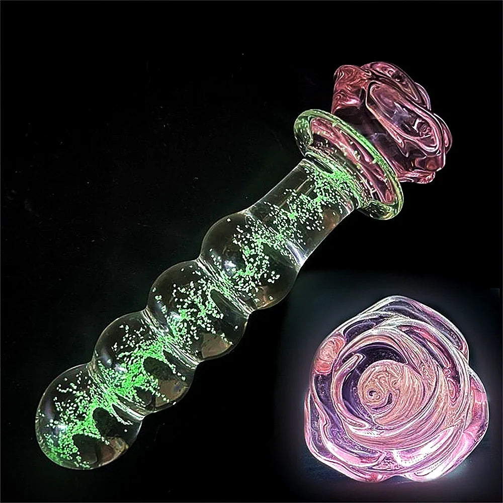 Luminous Glass Dildo Rose Anal Plug Glow in The Dark Butt Plug Anal Beads Penetration Anal Couples Play Adult Sex Toy